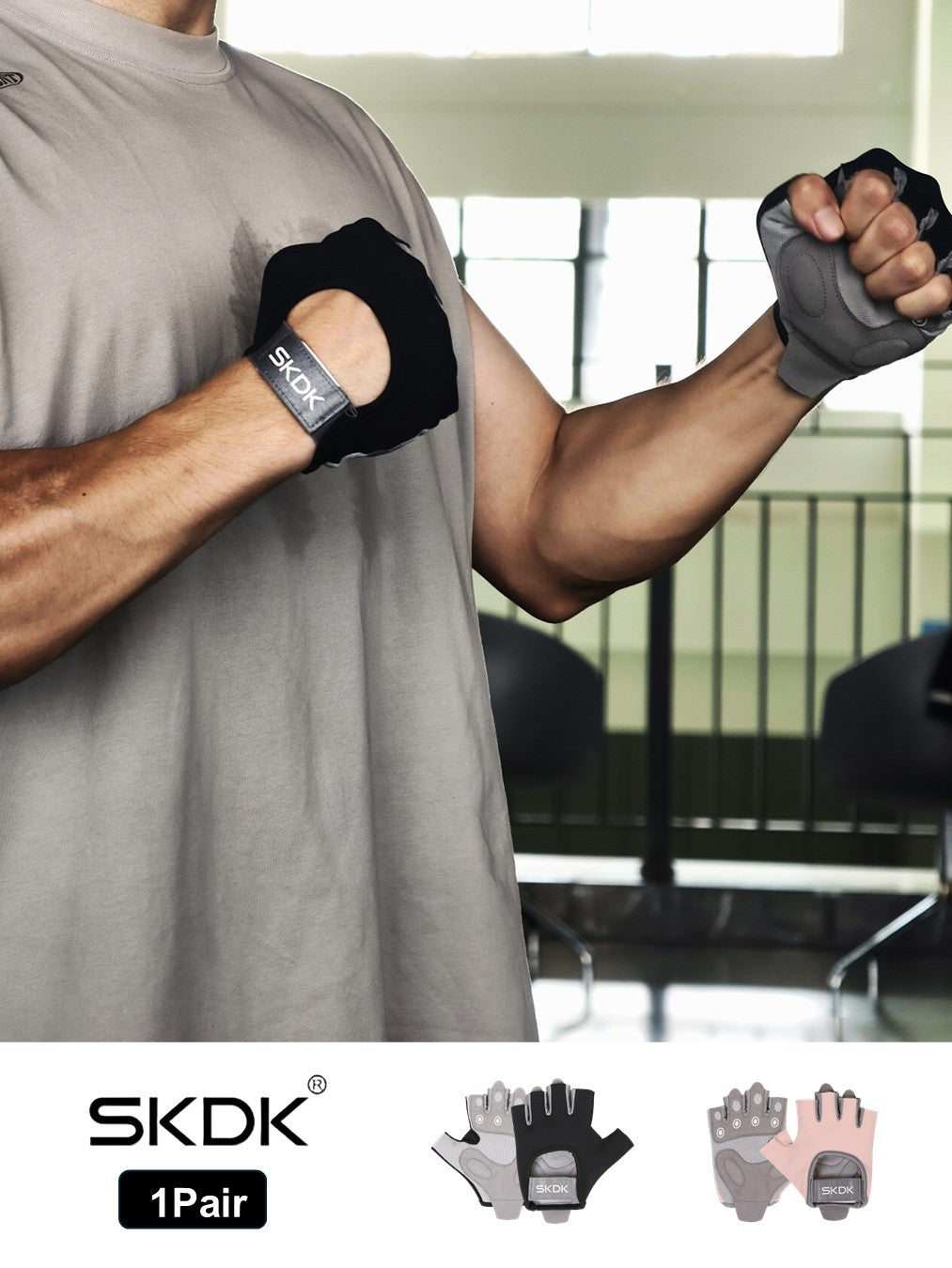 SKDK Breathable Workout Gloves with Silicone Anti-Slip Palm & Adjustable Wrist Strap for Weightlifting, Cycling & Gym Training