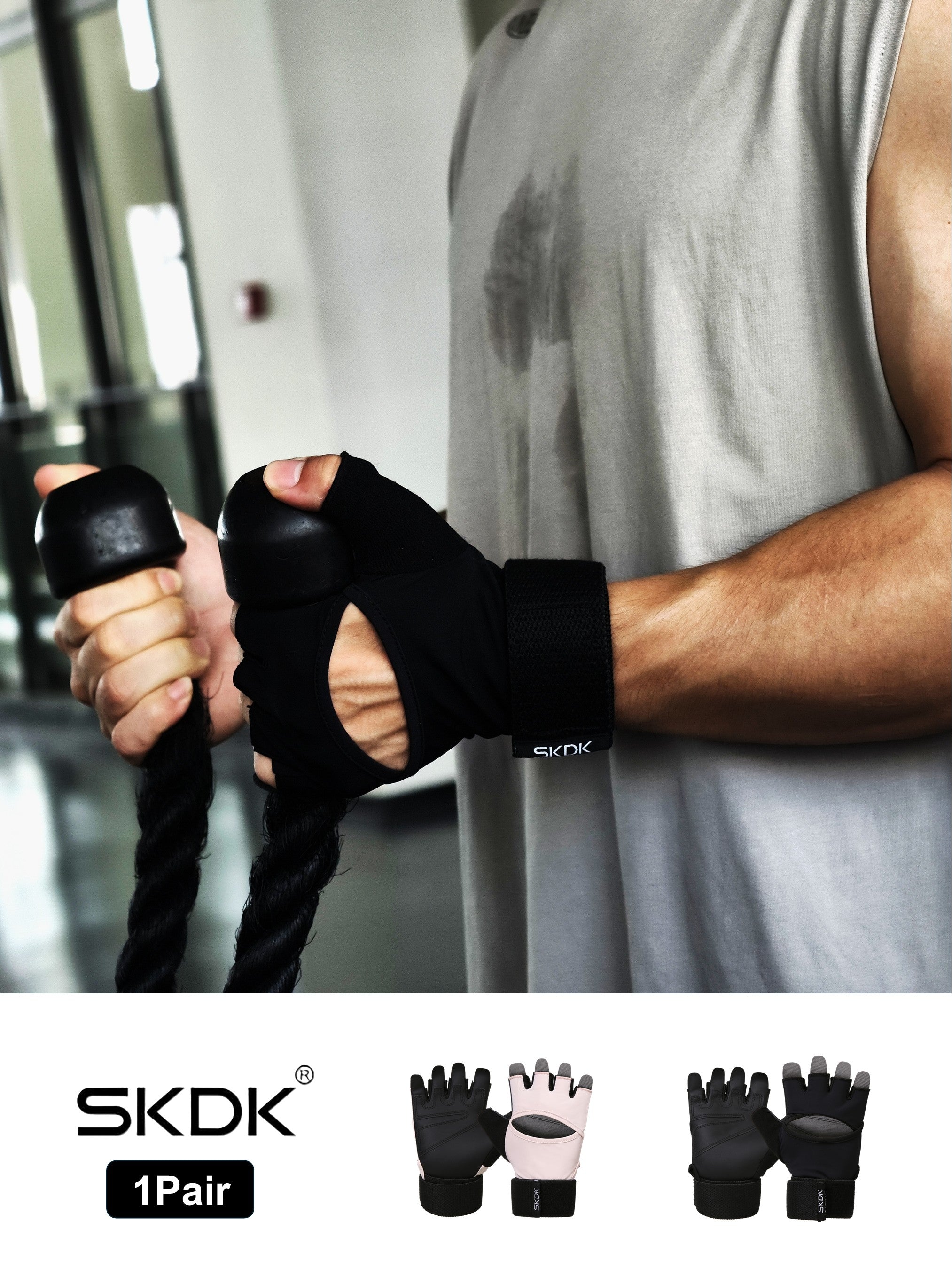 SKDK Workout Gloves with Wrist Support & PU Palm Protection - Breathable Gym Gloves for Weightlifting, CrossFit & Fitness Training