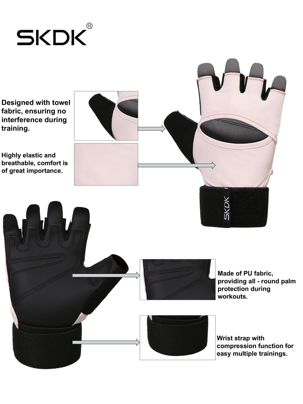SKDK Workout Gloves with Wrist Support & PU Palm Protection - Breathable Gym Gloves for Weightlifting, CrossFit & Fitness Training